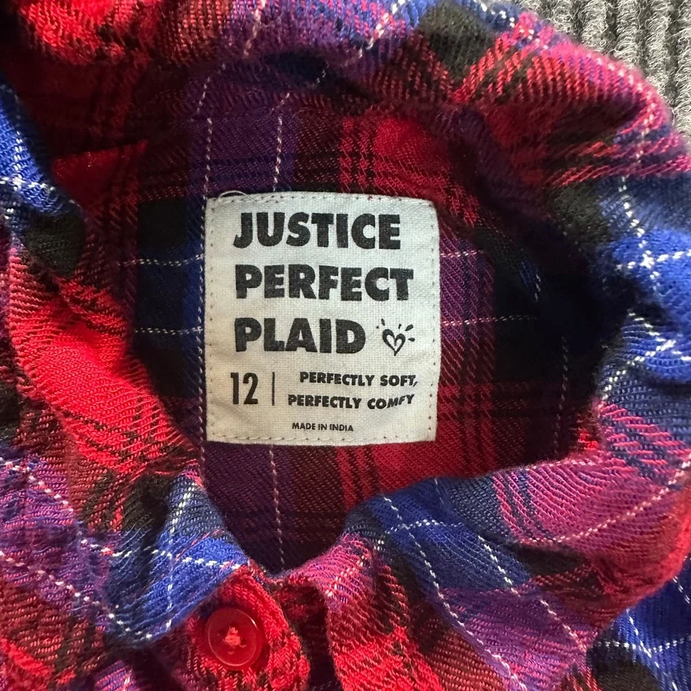 Justice Girls Perfect Plaid Button Down Shirt Size 12 Red Blue Soft Flannel